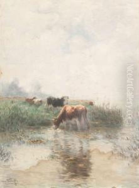 Koeien Bij Het Water Oil Painting by Jan Martinus Vrolijk