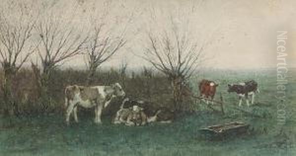 Feeding The Cattle Oil Painting by Jan Martinus Vrolijk