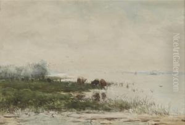 River Landscape With Cattle Oil Painting by Jan Martinus Vrolijk