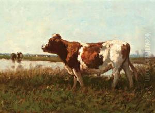 Koe In Weide Langs De Sloot Oil Painting by Jan Martinus Vrolijk