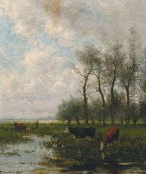 Koeien Bij Dedrinkplaats (1883) Oil Painting by Jan Martinus Vrolijk