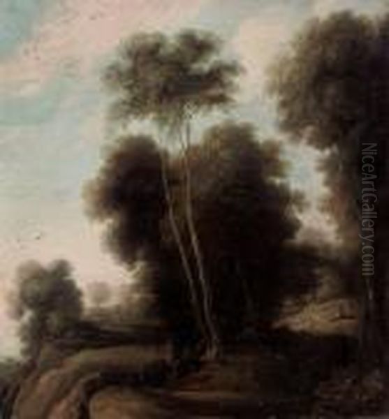 A Wooded Landscape With A Shepherd And His Flock On A Track Oil Painting by Cornelis Hendricksz. The Younger Vroom