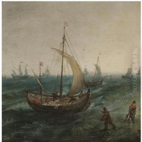 Fishermen And Their Boats In Stormy Seas Oil Painting by Cornelis Hendricksz. The Younger Vroom