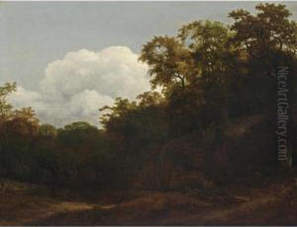 A Wooded Landscape With A Waterfall Ending In A Forest Pond Oil Painting by Cornelis Hendricksz. The Younger Vroom