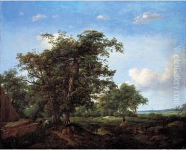 A Pastoral Landscape With Fishermen, A Shepherd Tending His Flock And A Man Bailing Hay Oil Painting by Cornelis Hendricksz. The Younger Vroom