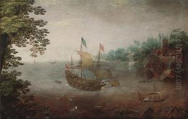 A Dutch East India Company Yacht Oil Painting by Cornelis Hendricksz. The Younger Vroom