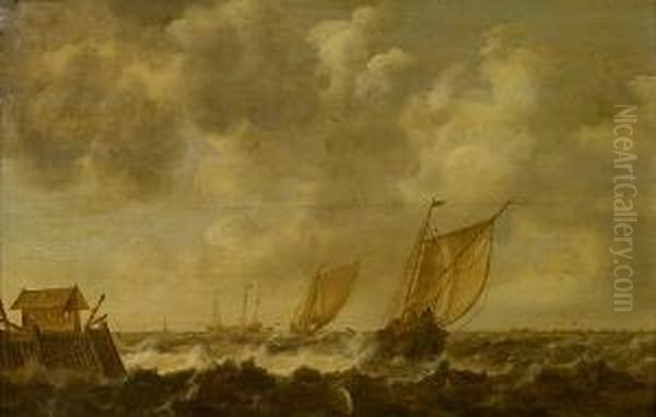 A Choppy Sea With Shipping Offshore Oil Painting by Cornelis Hendricksz. The Younger Vroom