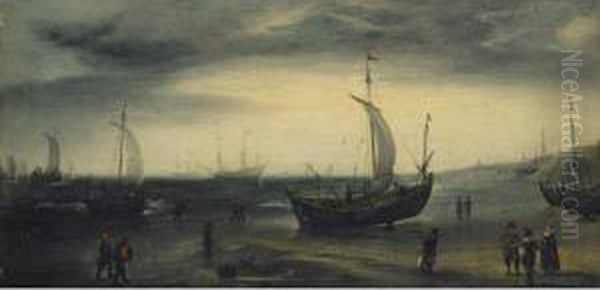 North Sea Beach With Fishing Pinks Coming Ashore And Larger Vessels Offshore Oil Painting by Cornelis Hendricksz. The Younger Vroom