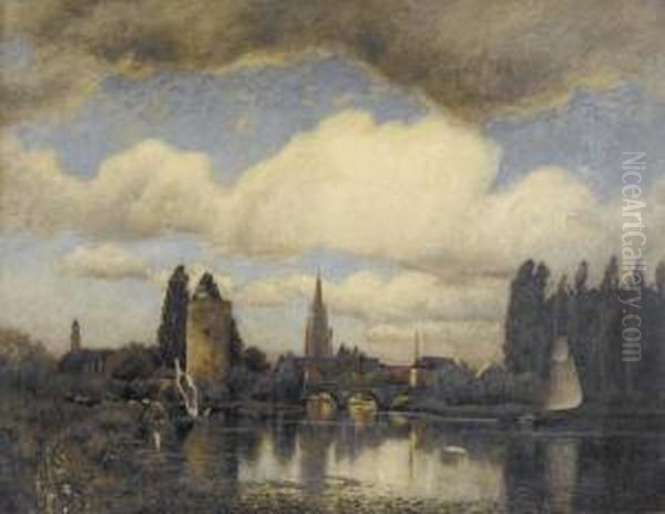 Flussuferpartie Mit Stadt. Oil Painting by Charles Francois Vuillermet