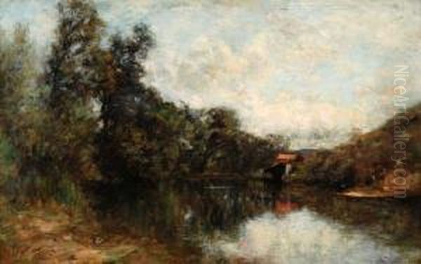 Baumbestandene Flusslandschaft Oil Painting by Charles Francois Vuillermet