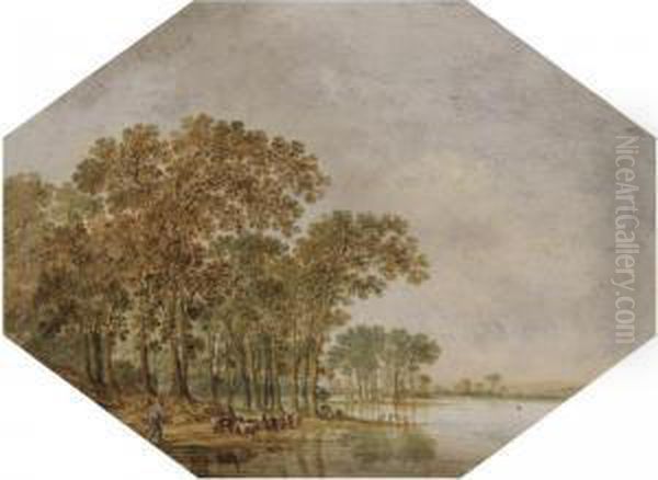 A Wooded River Landscape With A Shepherd Driving His Flock On Thebanks Oil Painting by Jan Harmensz. Vynck