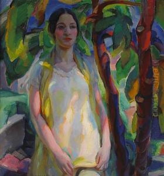 A Standing Woman In A White Dress Oil Painting by Edouard Antonin Vysekal