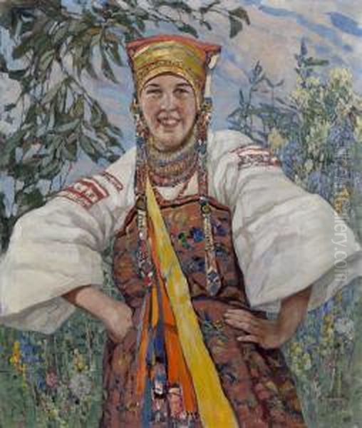 Young Woman In Traditional Ukrainian Costume Oil Painting by Konstantin Semionov. Vysotsky