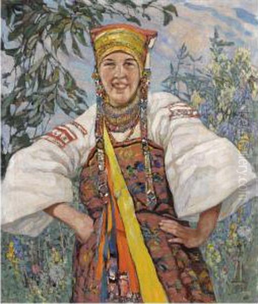 Young Woman In Traditional Ukrainian Costume Oil Painting by Konstantin Semionov. Vysotsky