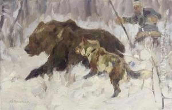 Bear Hunting Oil Painting by Konstantin Semionov. Vysotsky