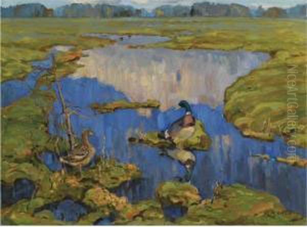 Ducks On A Marsh Oil Painting by Konstantin Semionov. Vysotsky