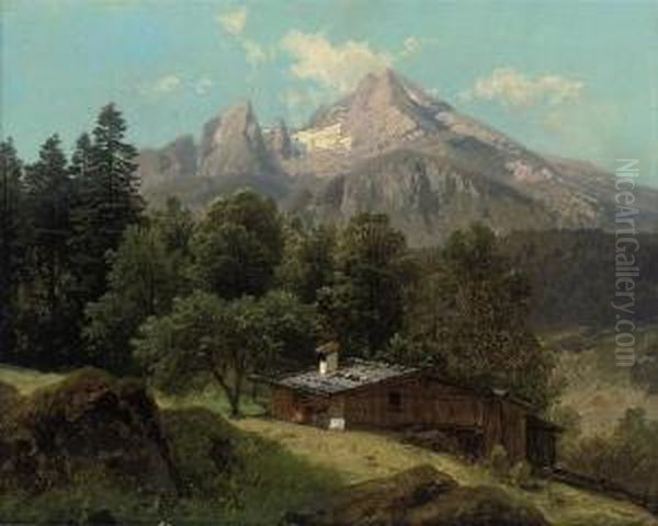 A Chalet Before Mount Watzman In Berchtesgaden Oil Painting by Adalbert Waagen