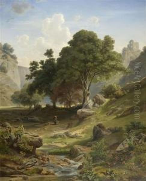 Mountain Landscape With A Ruin In The Background Oil Painting by Adalbert Waagen