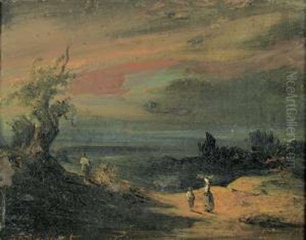 Dramatische Nachtlandschaft Mit Figurenstaffage. Oil Painting by Ferdinand Wachsmuth