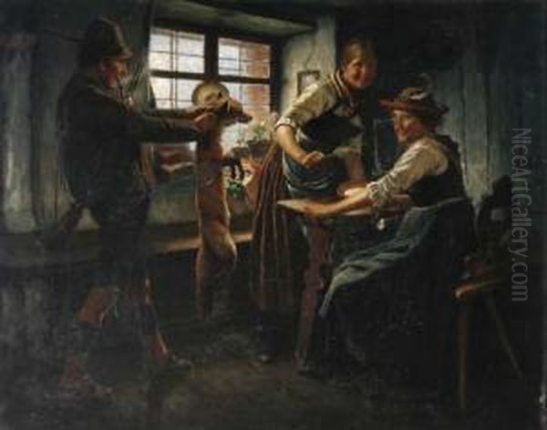 Bauernstube Mitjager, Der Stolz Seine Beute - Einen Fuchs - Den Anwesendenprasentiert Oil Painting by Maximilian Wachsmuth