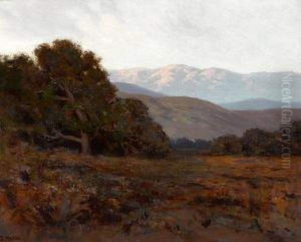 Shadowy Hills With Sunlit Mountains In The Distance Oil Painting by Elmer Wachtel