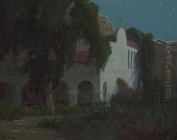 San Juan Capistrano Mission By Moonlight Oil Painting by Elmer Wachtel