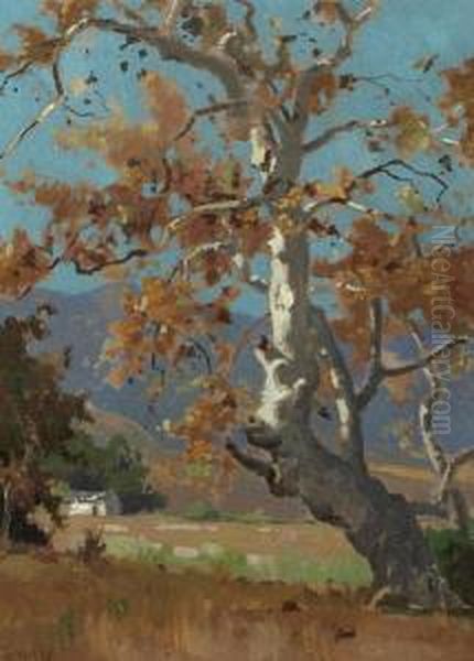 Ranch Beneath The San Gabriel Mountains Oil Painting by Elmer Wachtel