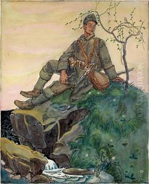 Odpoczynek Zolnierza, 1916 R. Oil Painting by Franz Wacik