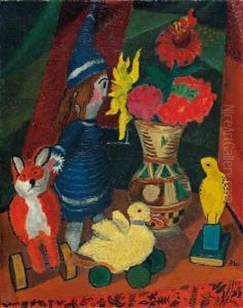 Stil Life With Flower Vase And Doll Ii Oil Painting by Rudolf Wacker