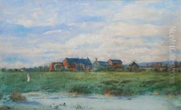 Rural Landscape With Cottages, And Young Ladyby A River Oil Painting by Thomas Wade