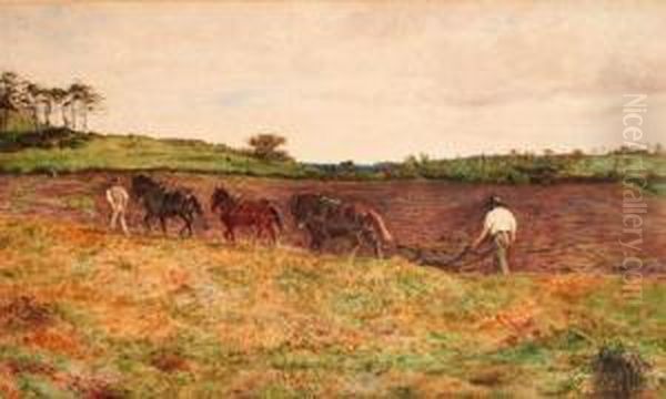 Breaking In The Colt, Autumn Ploughing Oil Painting by Thomas Wade