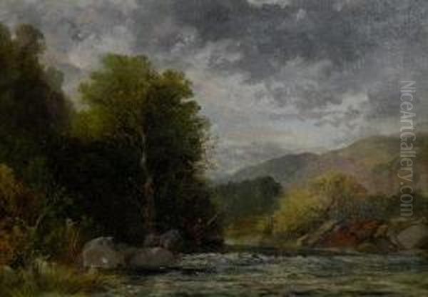 An Angler On The River Conwy, Betws-y-coed Oil Painting by B.B. Wadham