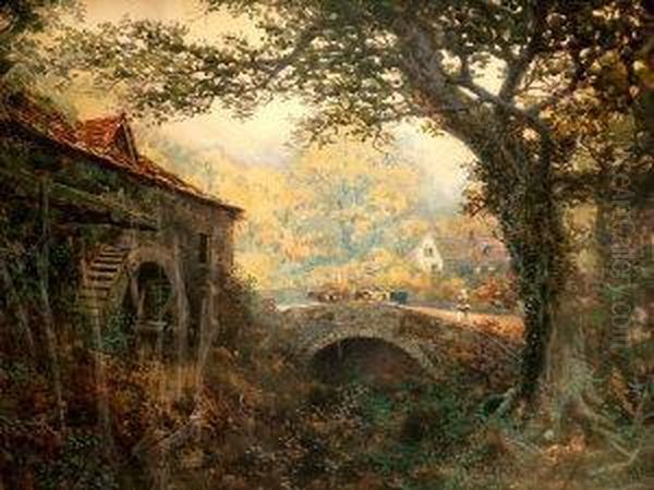 Figure With Cattle Crossing A Stone Bridge With A Watermill Oil Painting by William Joseph Wadham