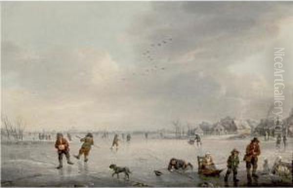 Skaters On A Frozen River Oil Painting by Marten J. Waefelaers