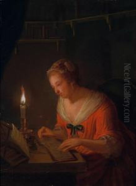 Una Giovane Donna Legge Nella Sua Biblioteca A Lume Di Candela Oil Painting by Dominicus Gottfried Waerdigh