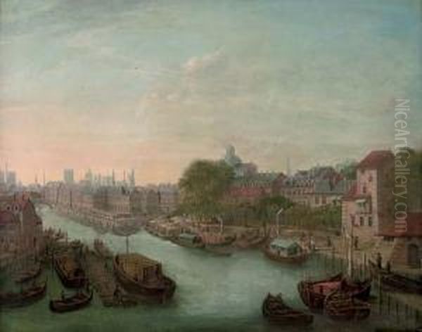 View Of A European City, With Boats On A Canal Oil Painting by Dominicus Gottfried Waerdigh