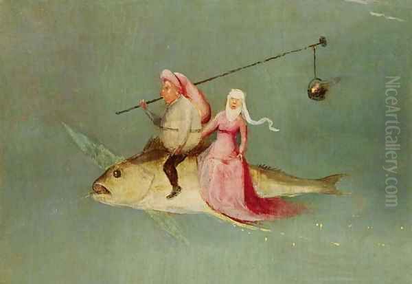 The Temptation of St. Anthony, right hand panel (detail of a couple riding a fish) Oil Painting by Hieronymous Bosch