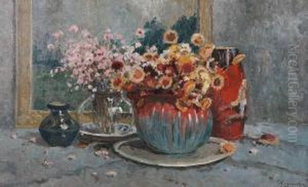 Stilleven Met Zomerse Boeketten In Vazen Oil Painting by Victor Wagemaekers