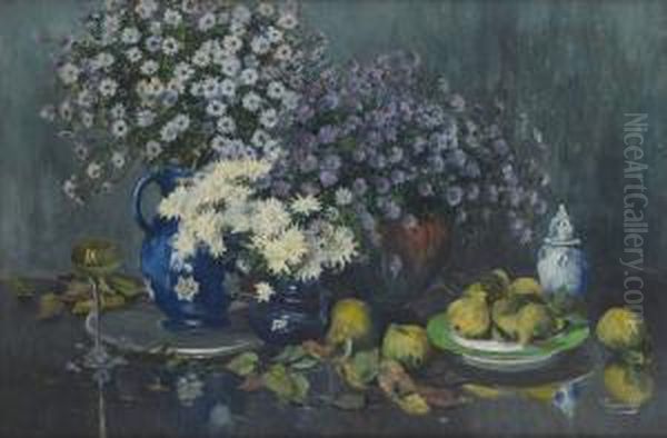 Vases Fleuris Et Poires Oil Painting by Victor Wagemaekers