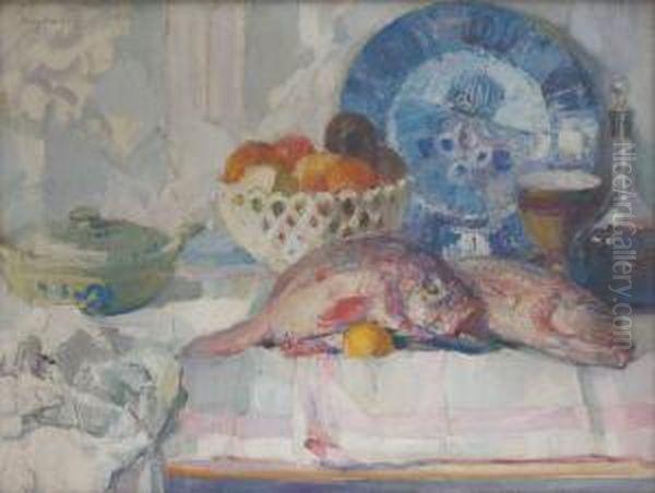 Composition Aux Poissons Et Aux Fruits Oil Painting by Maurice Wagemans