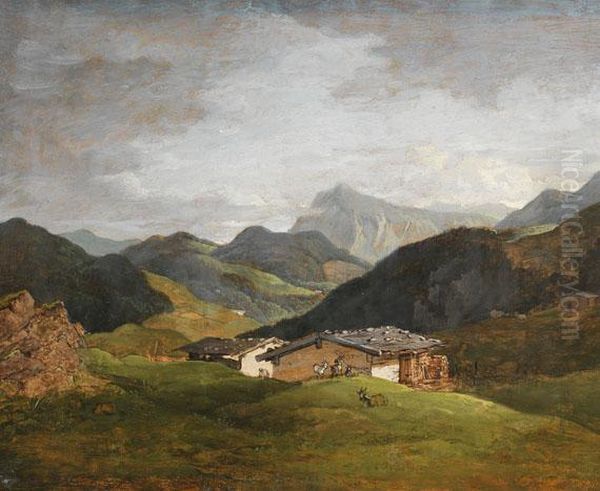 Almhutten Im Hochtal Oil Painting by Max Joseph Wagenbauer