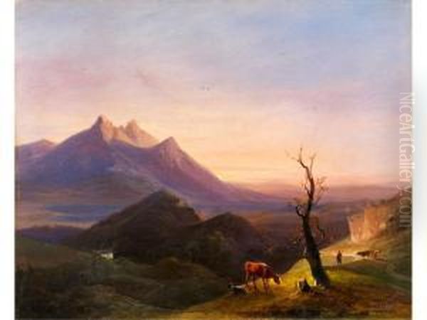 Gebirgige Landschaft Bei Untergehender Sonne Oil Painting by Max Joseph Wagenbauer