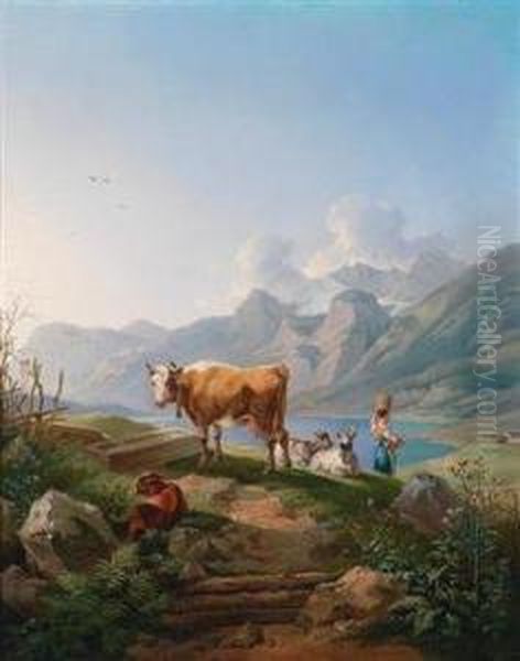 Weideidyll Im Alpenland Oil Painting by Max Joseph Wagenbauer