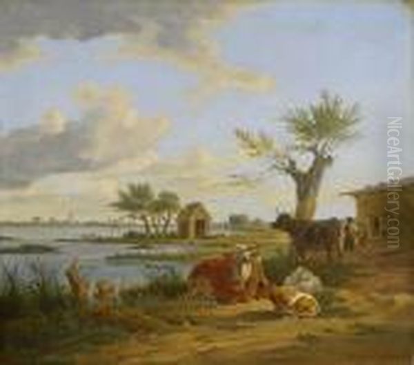 Zwei Kuhe Mit Kalb Und Einem Schaf Am Ufer. Oil Painting by Max Joseph Wagenbauer