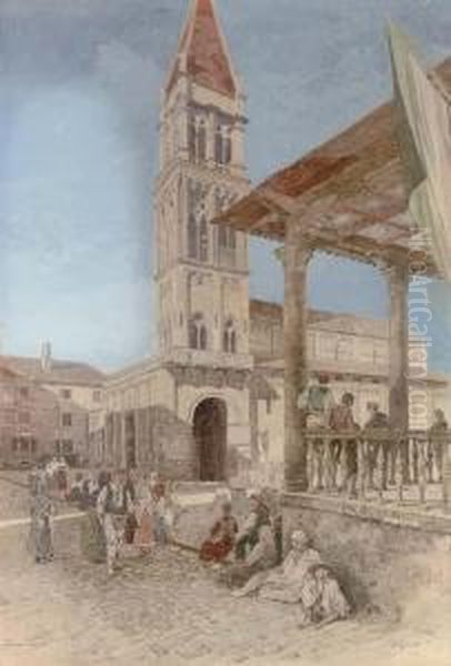 A Bustling Square In Trau, Near Split Oil Painting by Adolf Wagner