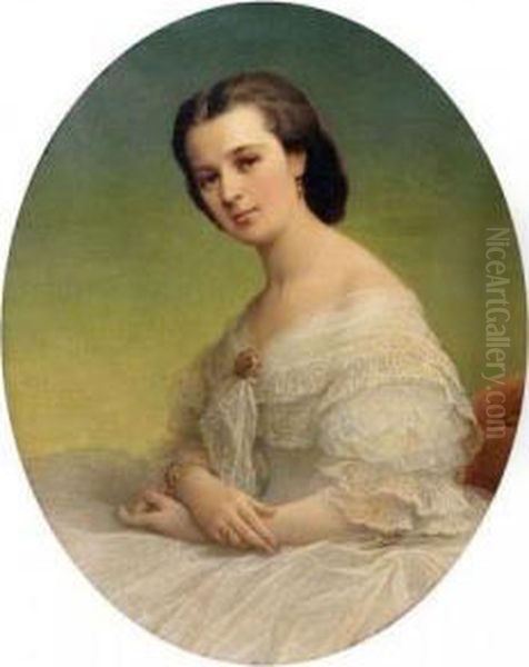 Portrait De Jeune Femme En Robe De Dentelle Blanche Oil Painting by Albert Wagner