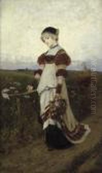 Edles Fraulein Mit Rosenkorb Auf Dem Kirchgang Oil Painting by Ferdinand Ii Wagner