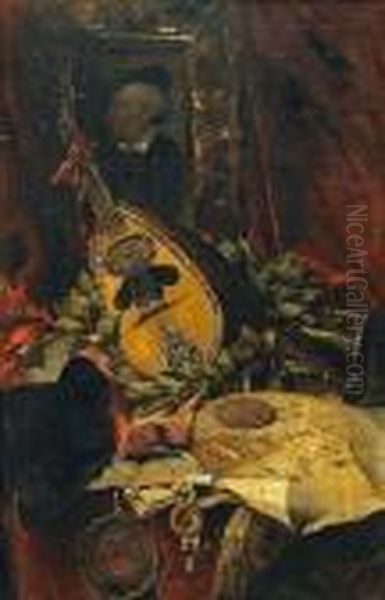 A Still Life With Musical Instruments And A Portrait Of Richard Wagner Oil Painting by Ferdinand Ii Wagner