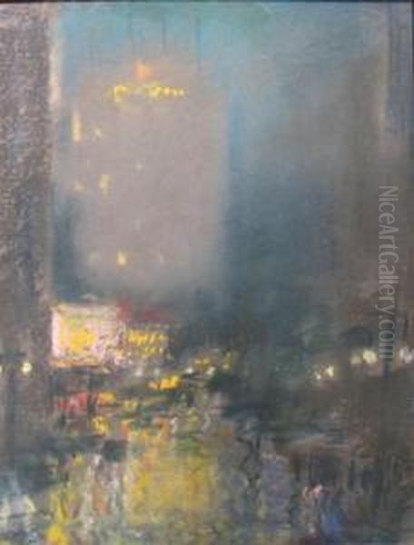 Rainy Night On Broad Street Oil Painting by Frederick R. Wagner