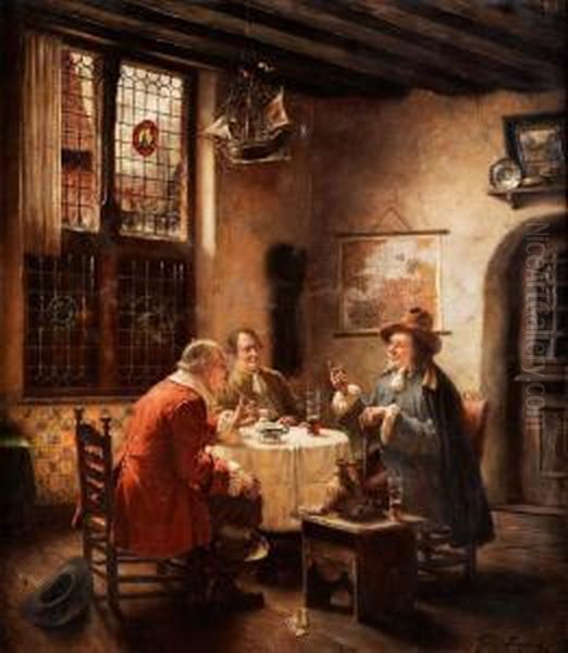 Hollandisches Interieur Mit Ratsherrnoder Kaufleuten An Einem Tisch Beim Pfeiferauchen Imgesprach Oil Painting by Fritz Wagner